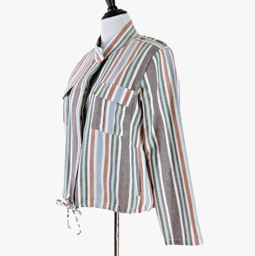 Mystree Size L Linen Blend Jacket Long Sleeve Striped Blue Gray Brown